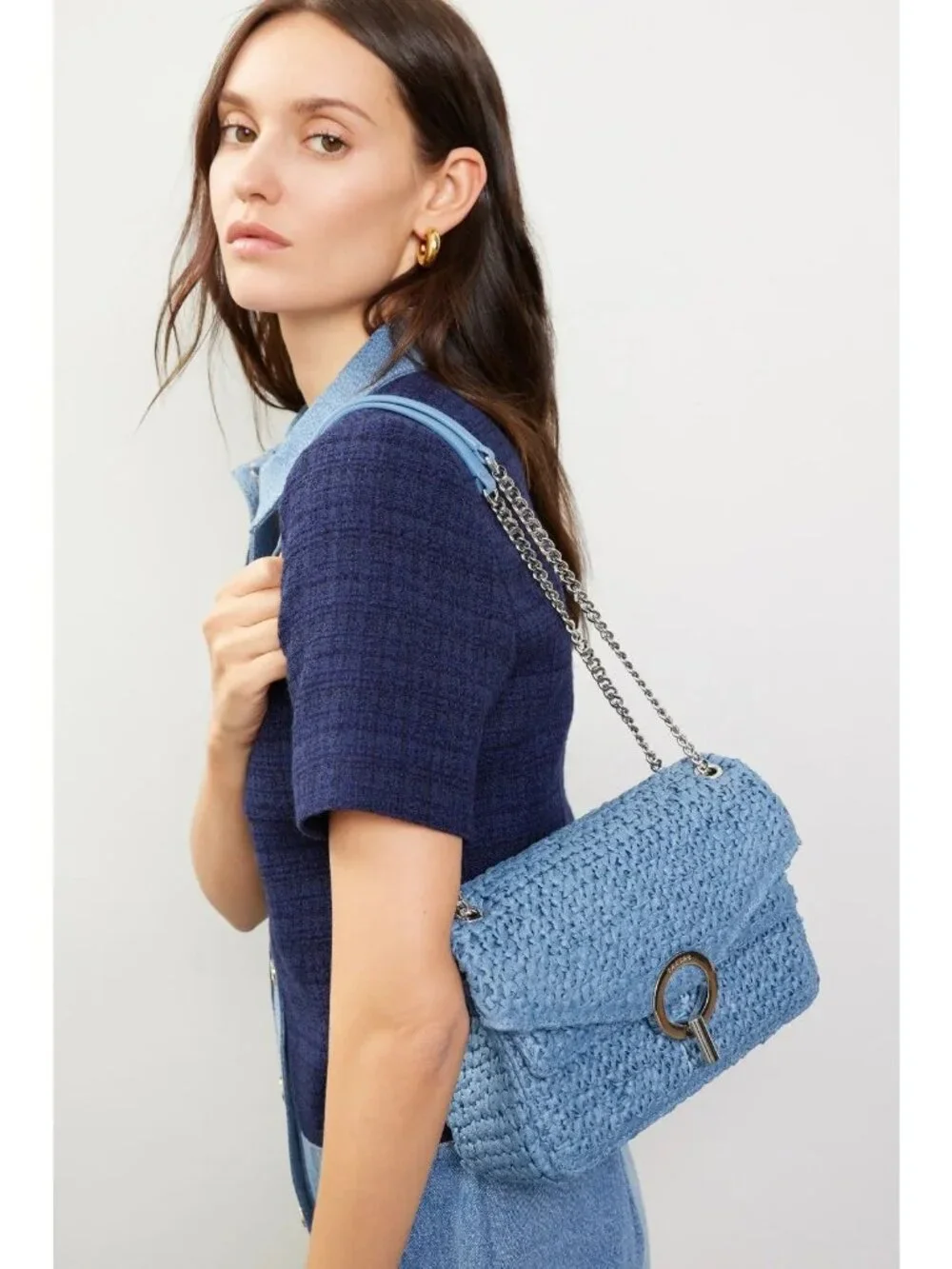 Sandro Raffia YZA Bag in Blue Womens Shoulder Crossbodybag handbag